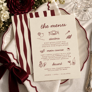 Cartão de Menu de Casamento Caprichoso Desenhado à