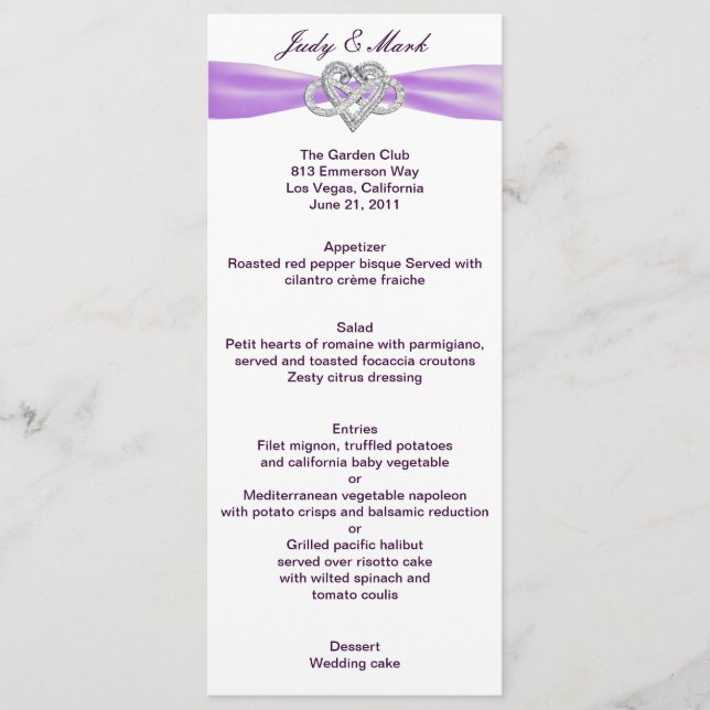 Cartão de Menu de Casamento Cardíaco Infinito Roxo (Frente)