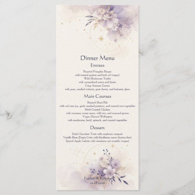 Cartão de Menu de Casamento Celestial (Frente)
