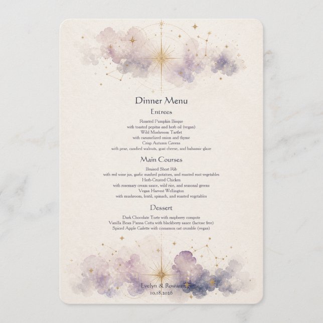 Cartão de Menu de Casamento Celestial (Frente)