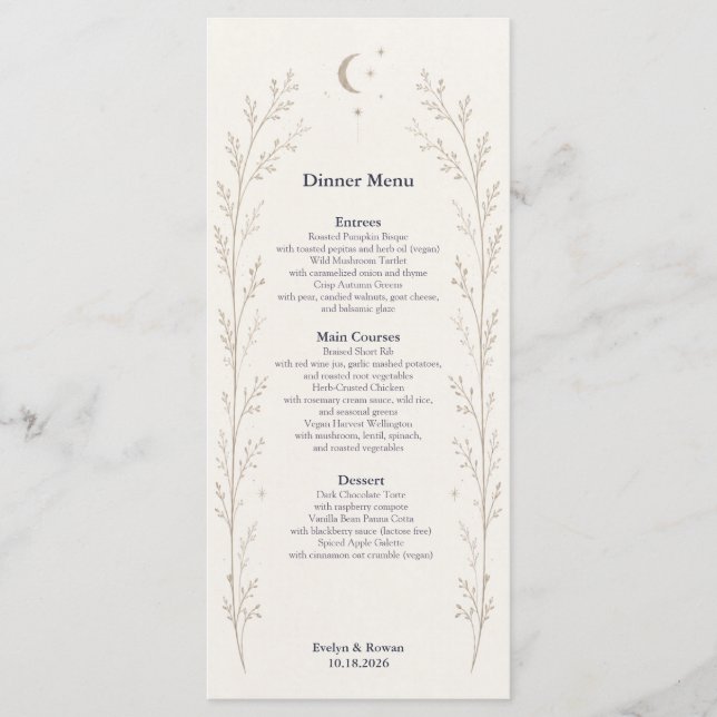 Cartão de Menu de Casamento Celestial (Frente)