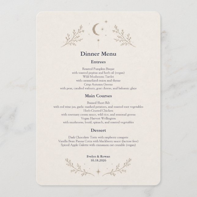 Cartão de Menu de Casamento Celestial (Frente)