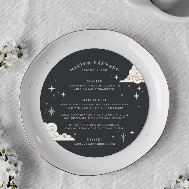 Cartão de Menu de Casamento Celestial Lua e Estrel (Criador carregado)