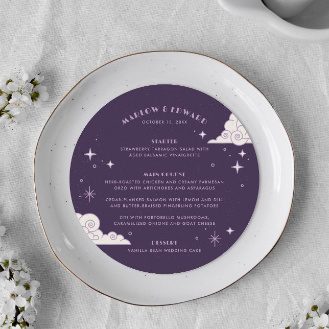 Cartão de Menu de Casamento Celestial Lua Roxa & E (Criador carregado)