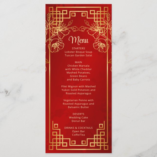 Cartão de Menu de Casamento Chinês com Flor de Cer (Frente)