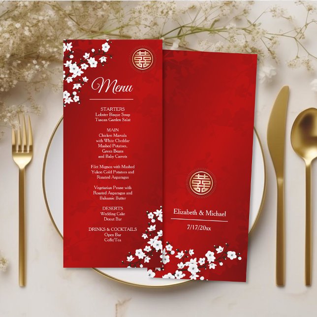 Cartão de Menu de Casamento Chinês Flor de Oriente (Criador carregado)