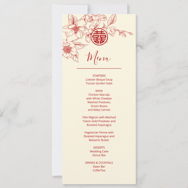 Cartão de Menu de Casamento Chinês Magnolia (Frente)