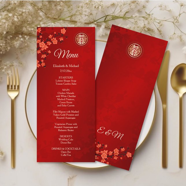Cartão de Menu de Casamento Chinês Red Cherry Blos (Criador carregado)