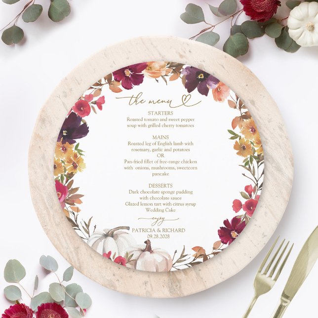 Cartão de Menu de Casamento Círculo da Abóbora do  (Criador carregado)