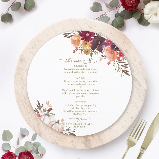 Cartão de Menu de Casamento Círculo da Abóbora do  (Criador carregado)