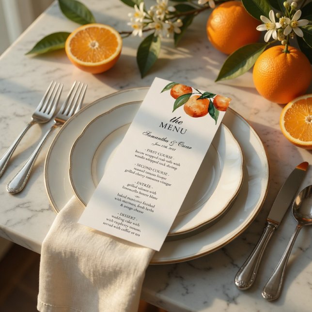 Cartão de Menu de Casamento Citrus | Laranja Medit (Criador carregado)