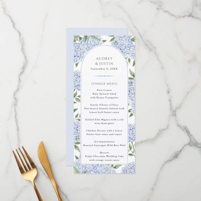 Cartão de Menu de Casamento com Arco de Hortênsia  (Frente/Verso In Situ)
