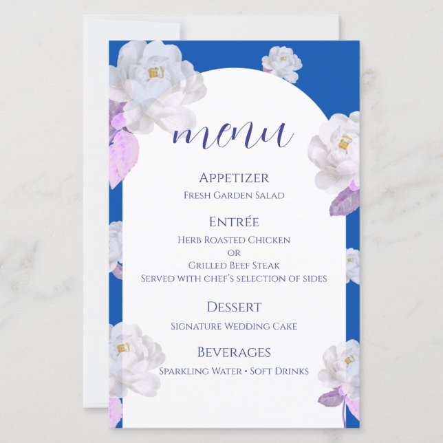Cartão de Menu de Casamento com Arco Floral Azul (Frente)
