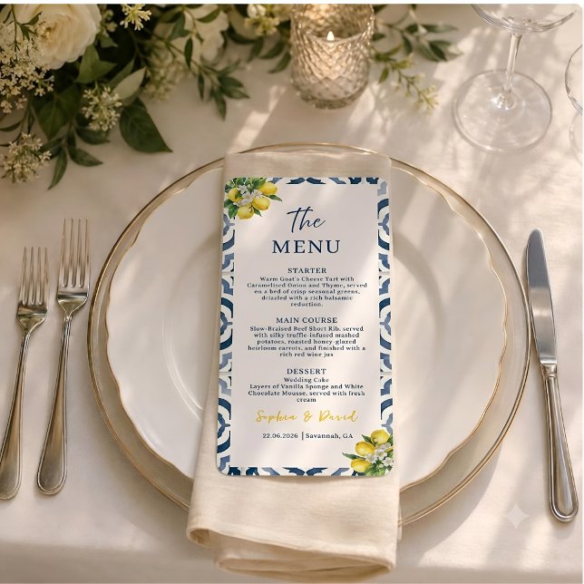 Cartão de Menu de Casamento com Azulejo Azul e Lim (Criador carregado)