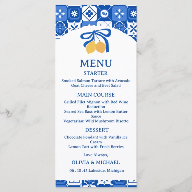 Cartão de Menu de Casamento com Azulejos Mediterrâ (Frente)