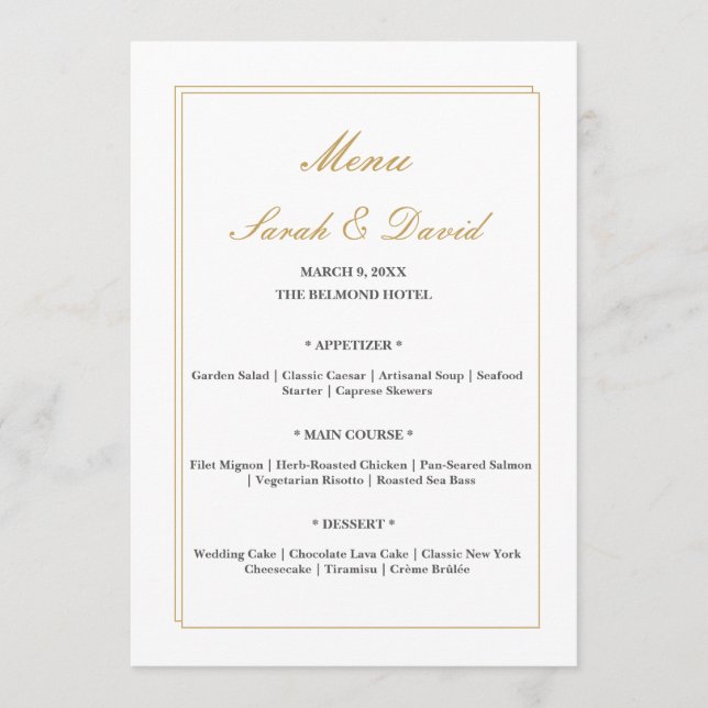 Cartão de Menu de Casamento com Bordas de Ouro Min (Frente)