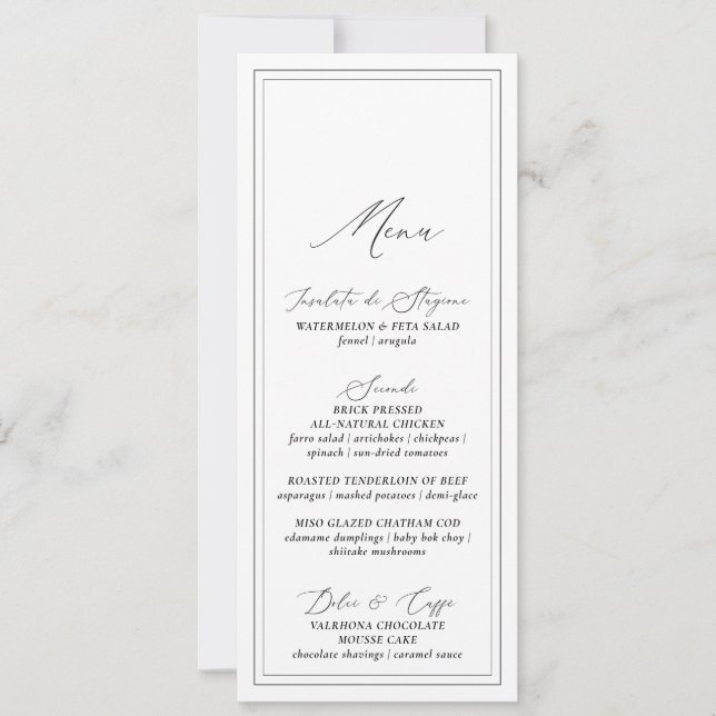 Cartão de Menu de Casamento com Caligrafia Branca  (Frente)
