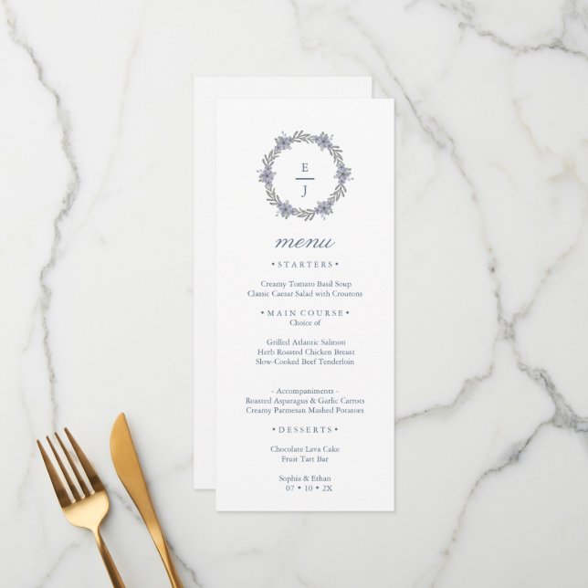 Cartão de Menu de Casamento com Coroa Floral Roxa  (Frente/Verso In Situ)