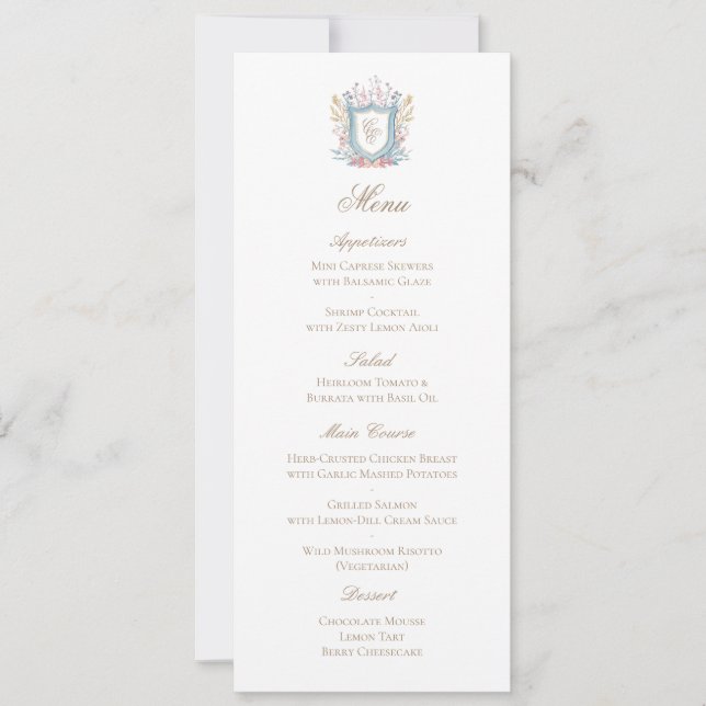 Cartão de Menu de Casamento com Crista de Monogram (Frente)