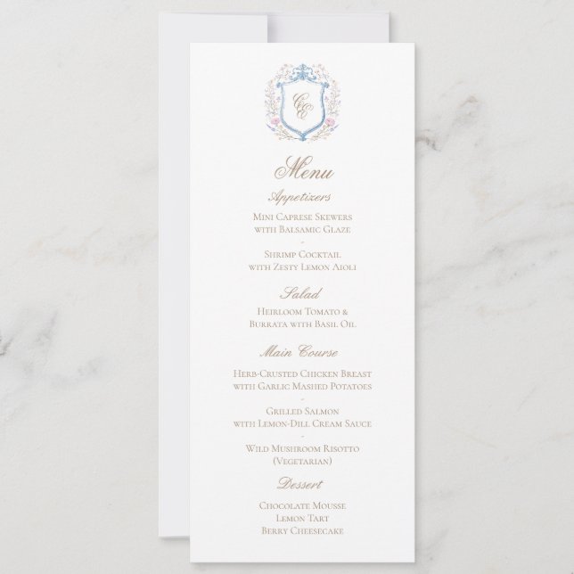 Cartão de Menu de Casamento com Crista de Monogram (Frente)