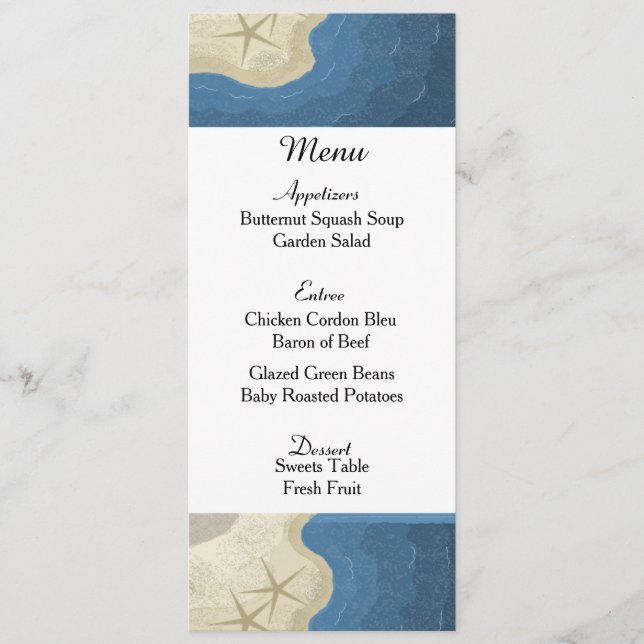 Cartão de Menu de Casamento com Estrela-do-Mar e O (Frente)
