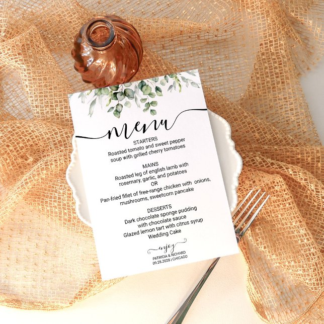 Cartão de Menu de Casamento com Eucalipto de Verdu (Criador carregado)