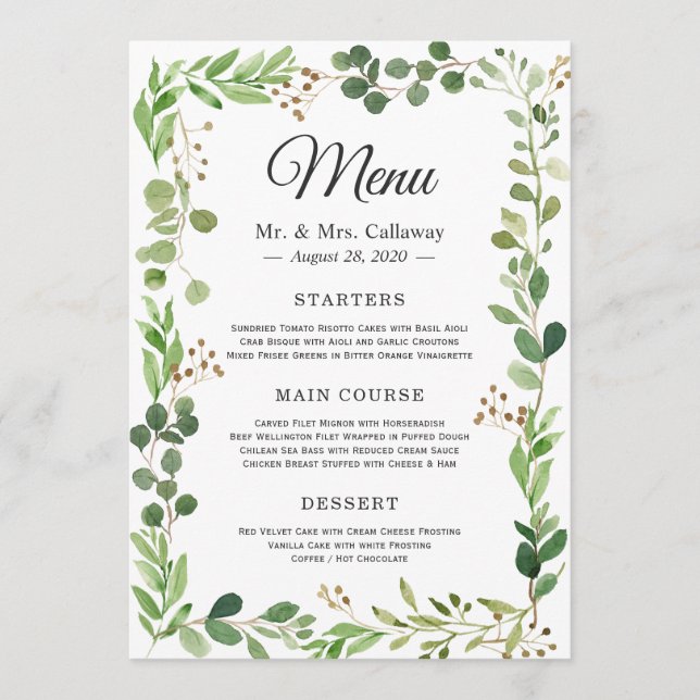 Cartão de Menu de Casamento com Folhagem de Eucali (Frente)