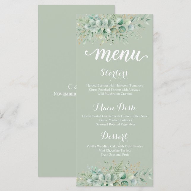 Cartão de Menu de Casamento com Folhagem de Eucali (Frente/Verso)