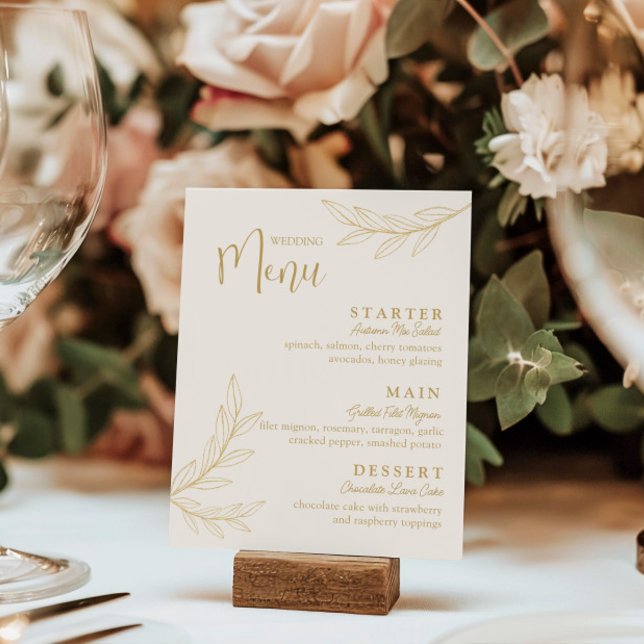 Cartão de Menu de Casamento com Folhas Elegantes a (Criador carregado)