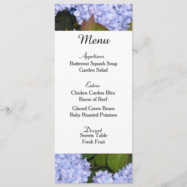 Cartão de Menu de Casamento com Hortênsias Roxas (Frente)