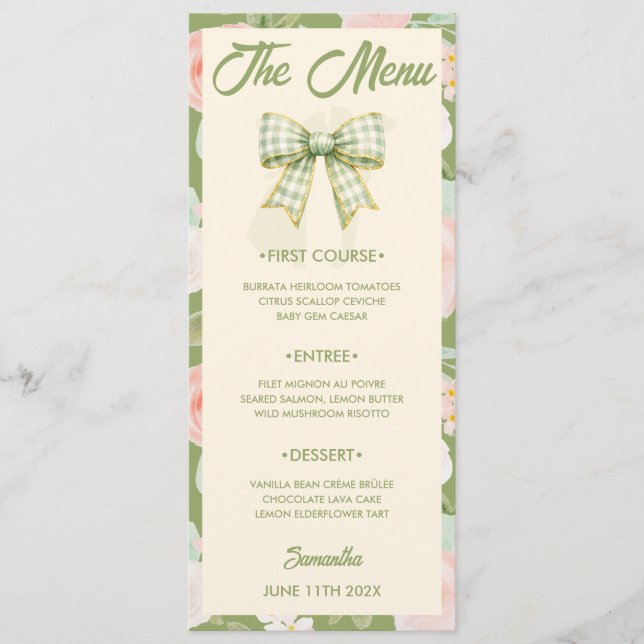 Cartão de Menu de Casamento com Laço de Ginga Verd (Frente)