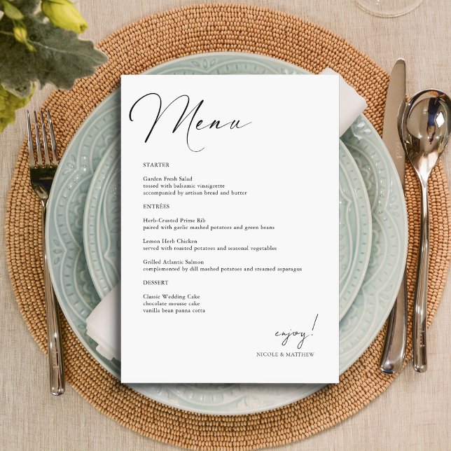 Cartão de Menu de Casamento com Letra Elegante (Personalized Elegant Hand Lettered Wedding Menu Card)