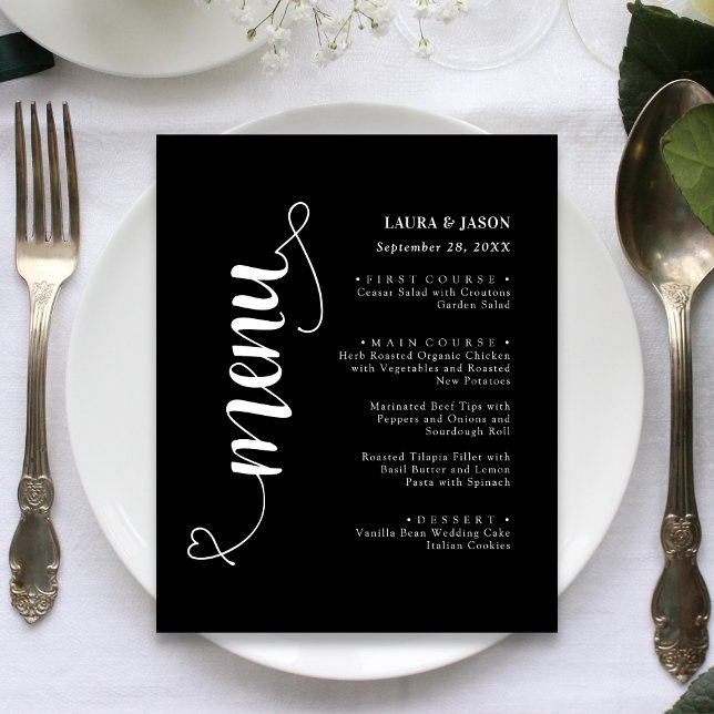 Cartão de Menu de Casamento com Letra Elegante e C (Elegant script wedding menu card adds refined charm to each place setting.)
