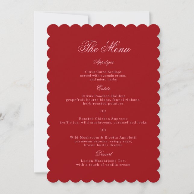 Cartão de Menu de Casamento com Letra Script Verme (Frente)