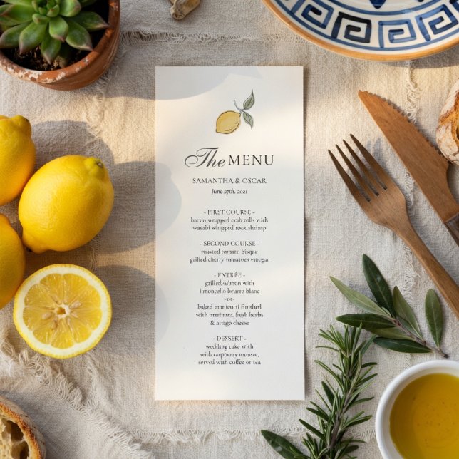 Cartão de Menu de Casamento com Limão | Costa Amal (Criador carregado)