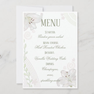 Cartão de menu de casamento com Lírio Branco desen