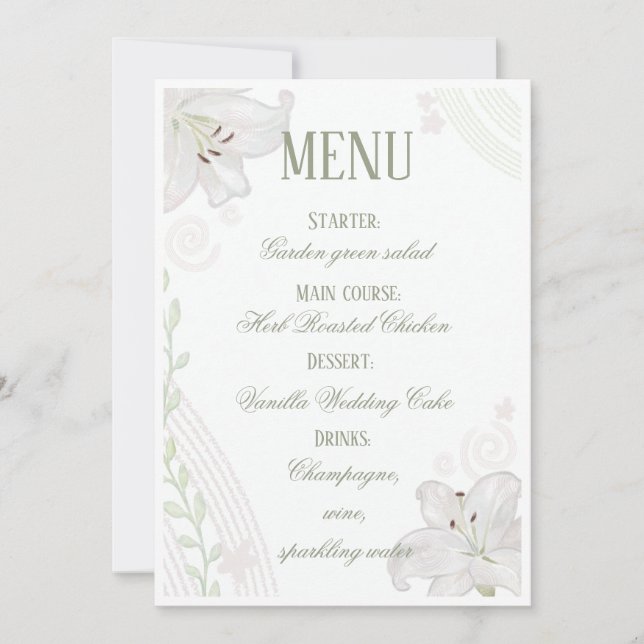 Cartão de menu de casamento com Lírio Branco desen (Frente)