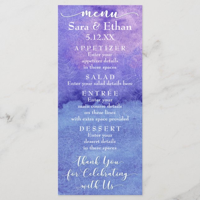 Cartão de Menu de Casamento com Mandala Roxa em Aq (Frente)