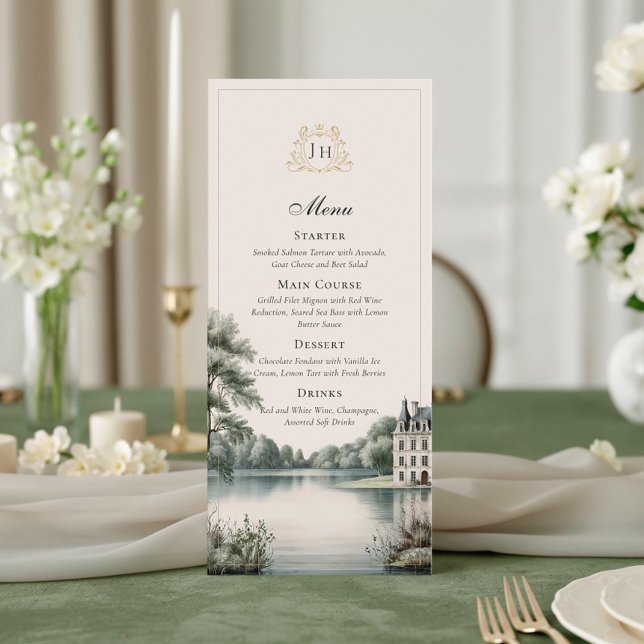 Cartão de Menu de Casamento com Monograma de Châte (Criador carregado)