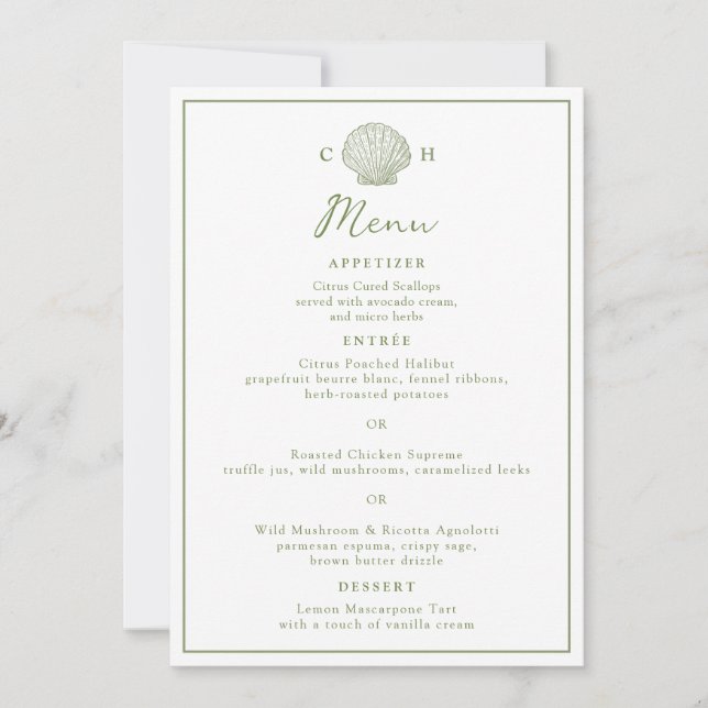 Cartão de Menu de Casamento com Monograma de Conch (Frente)