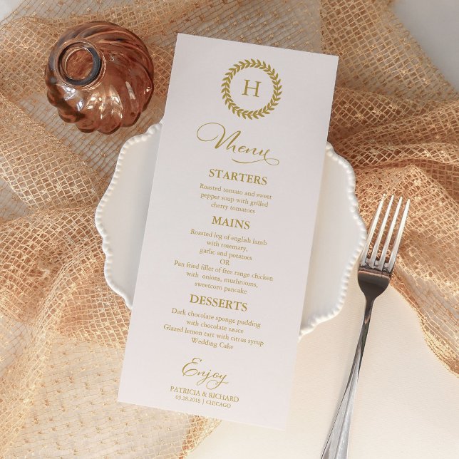 Cartão de Menu de Casamento com Monograma Dourado  (Criador carregado)