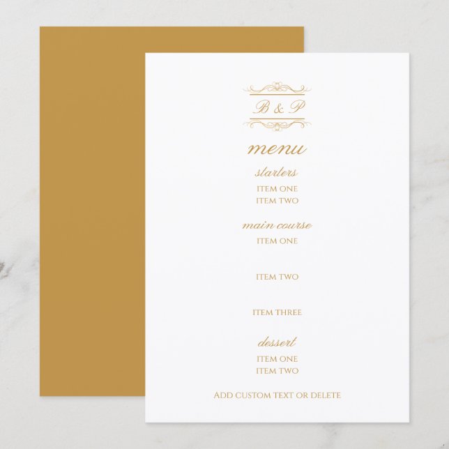 Cartão de Menu de Casamento com Monograma Elegante (Frente/Verso)