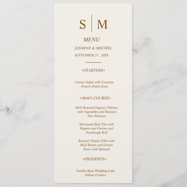Cartão de Menu de Casamento com Monograma Minimali (Frente)