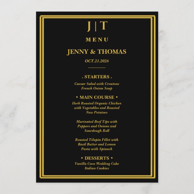 Cartão de Menu de Casamento com Monograma Preto e  (Frente)