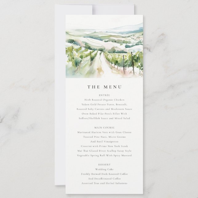 Cartão de Menu de Casamento com Paisagem de Vinhed (Frente)