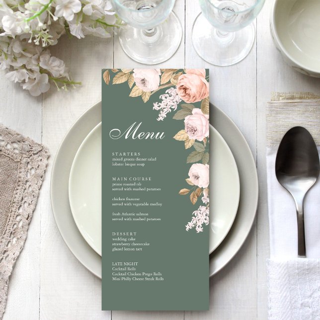 Cartão de Menu de Casamento com Peônias em Verde S (Boho Sage Green Peonies Wedding Menu Card on a boho white wedding dinner table.)