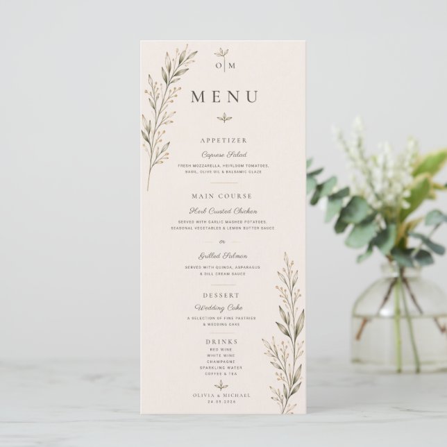 Cartão de Menu de Casamento com Ramo de Oliveira B (Em pé/Frente)
