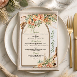 Cartão de Menu de Casamento com Rosas Pêssego e Ma