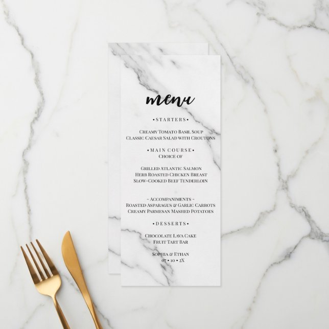 Cartão de Menu de Casamento com Textura de Mármore (Frente/Verso In Situ)