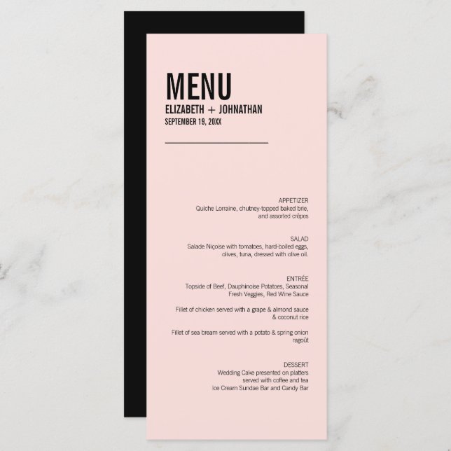 Cartão de Menu de Casamento com Tipografia Rosa Si (Frente/Verso)